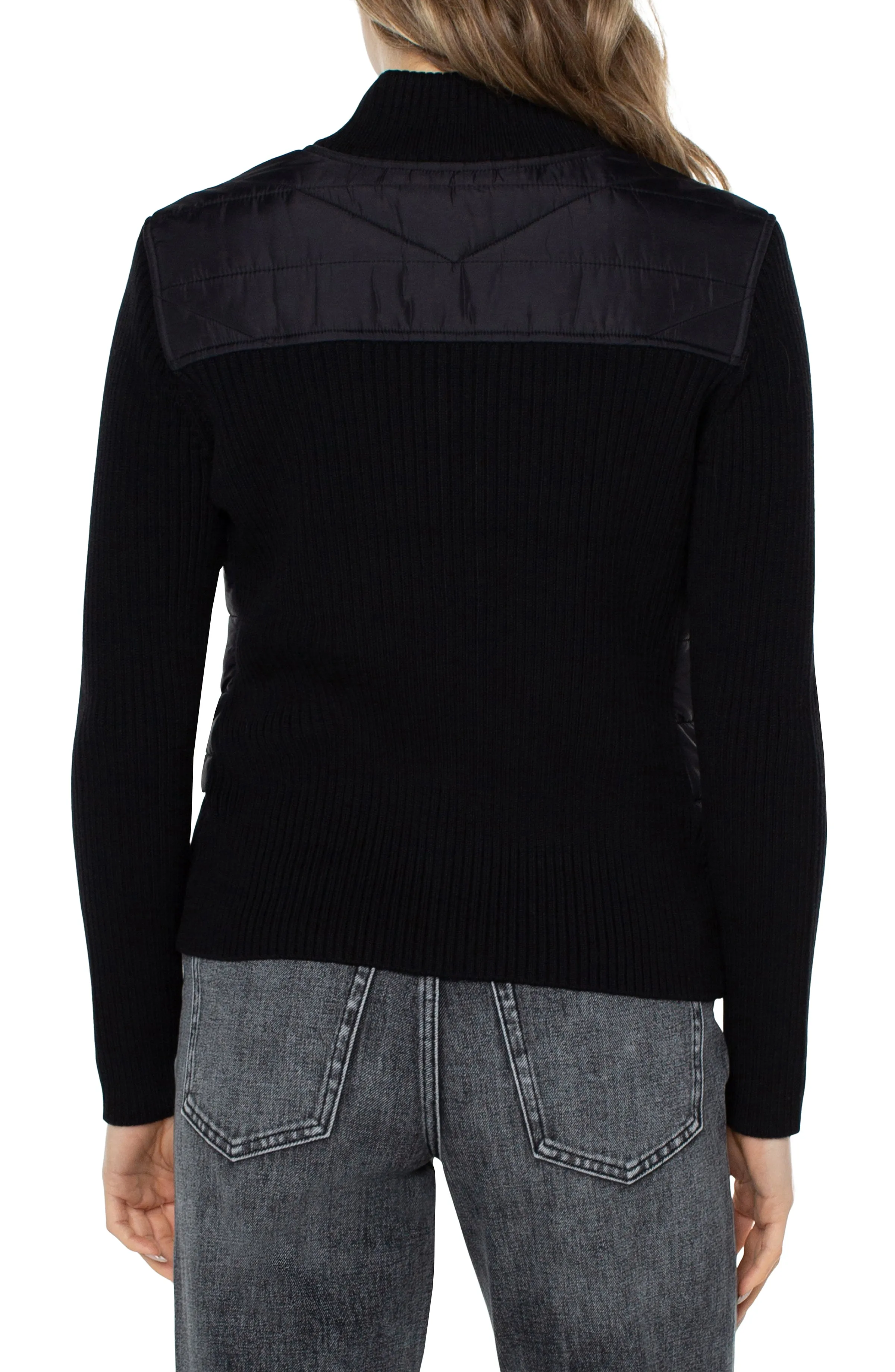 Long Sleeve Quilted Front Full Zip Sweater - Black