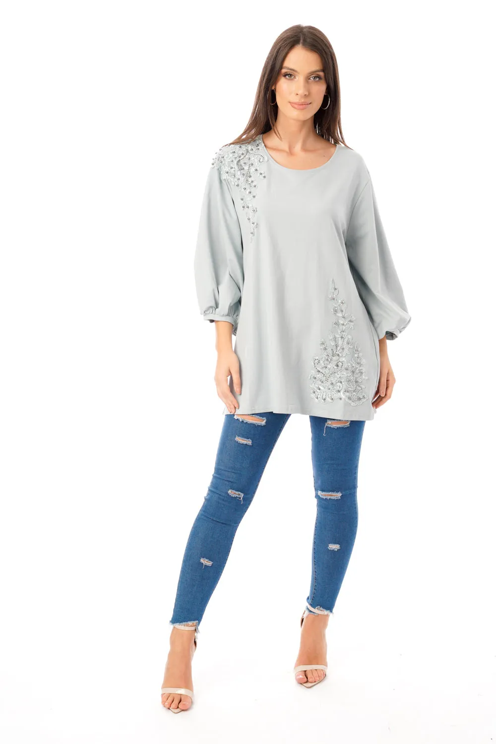 Long Sleeve Tunic Top with Floral Embroidery