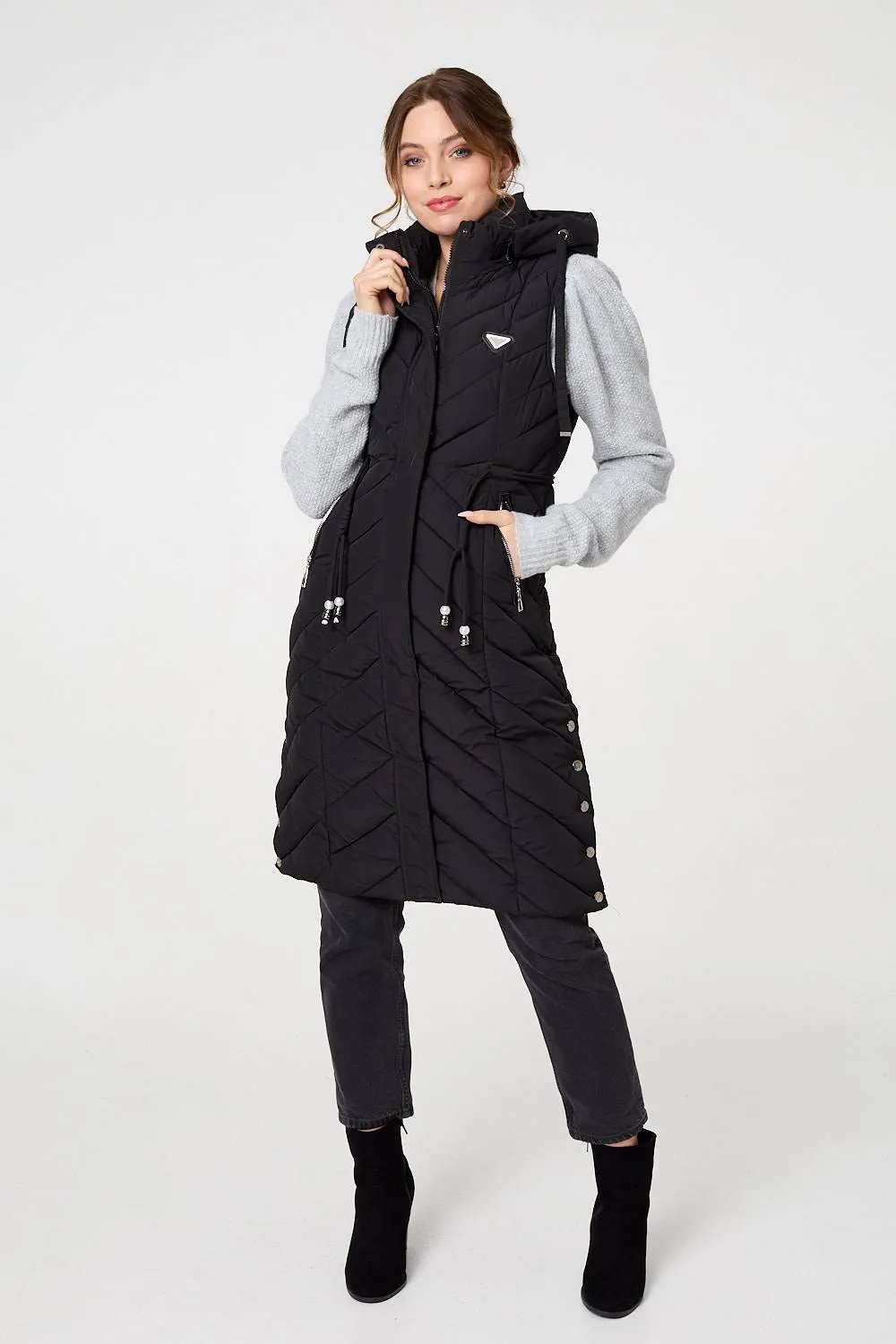 Longline Adjustable Waist Hooded Gilet