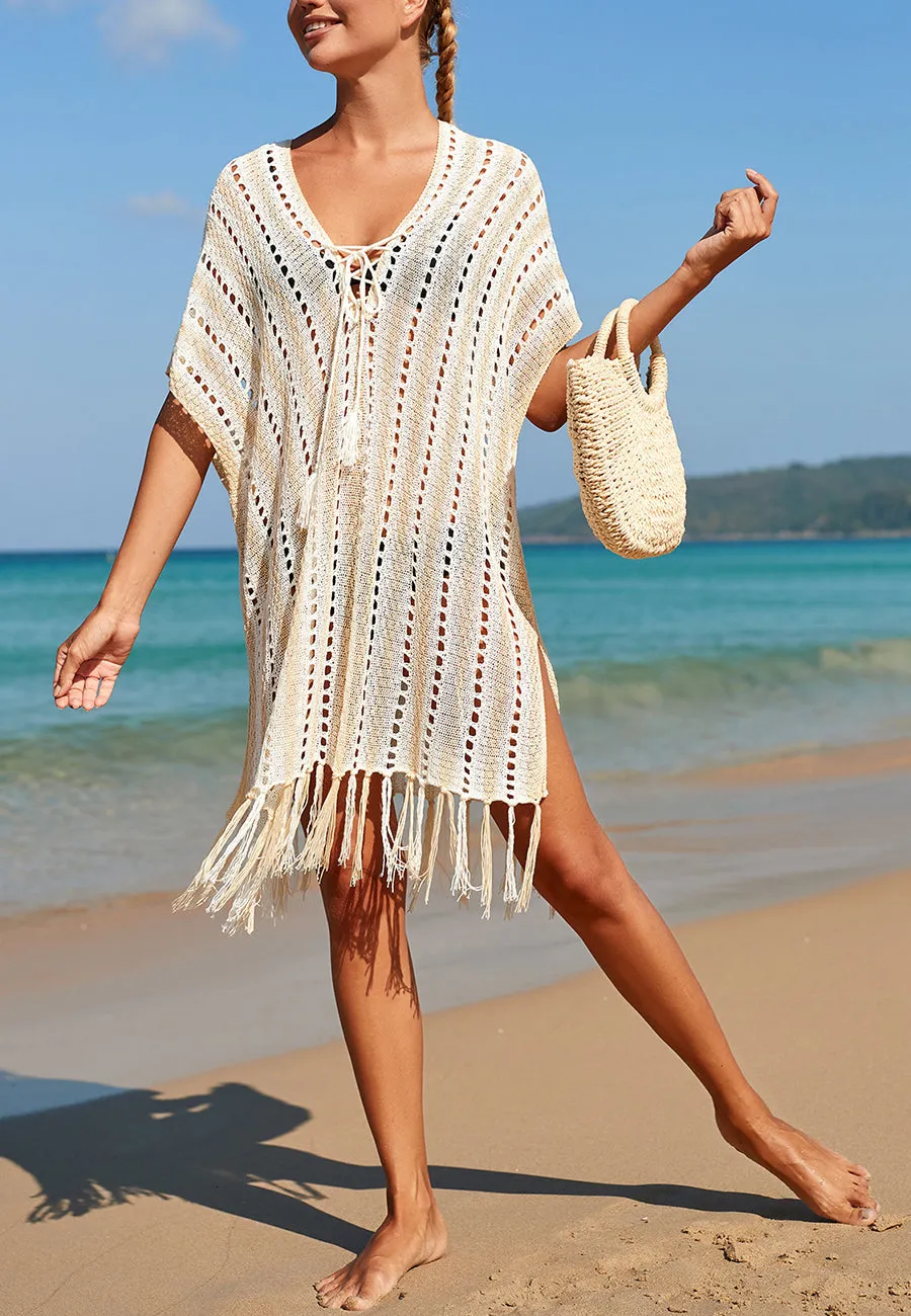 Loose Knit Drawstring Tasseled Cover-Up Poncho Dress