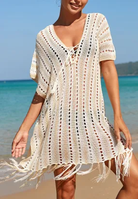 Loose Knit Drawstring Tasseled Cover-Up Poncho Dress