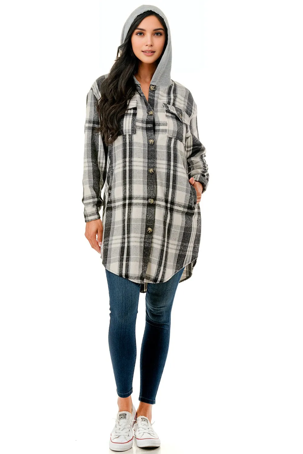 Malibu Plaid over size long flannel shacket with hood jk0388 black