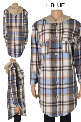 Malibu Plaid over size long flannel shacket with hood jk0388 brown