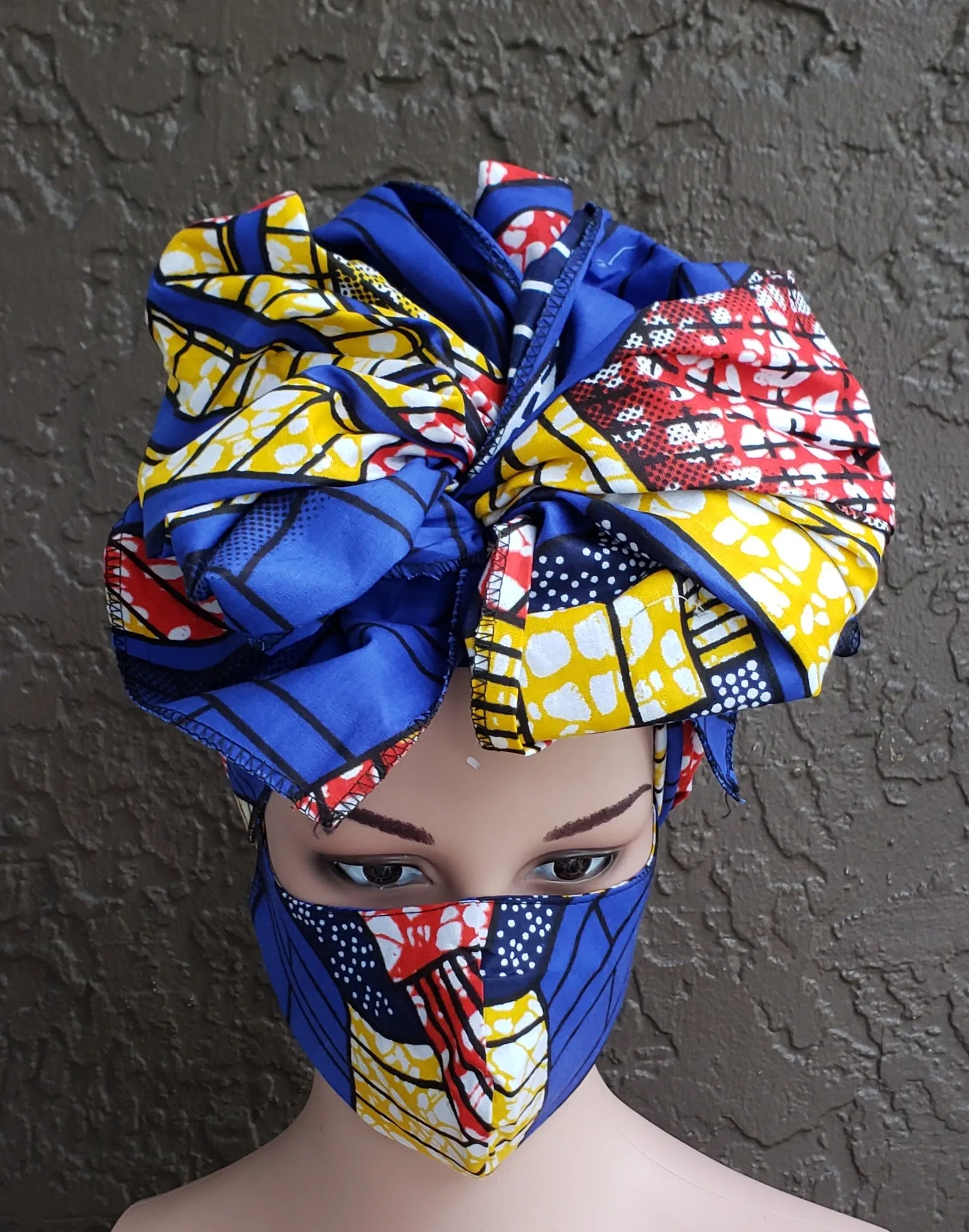 Matching  Mask-Headwrap Set - Black/yellow/Orange