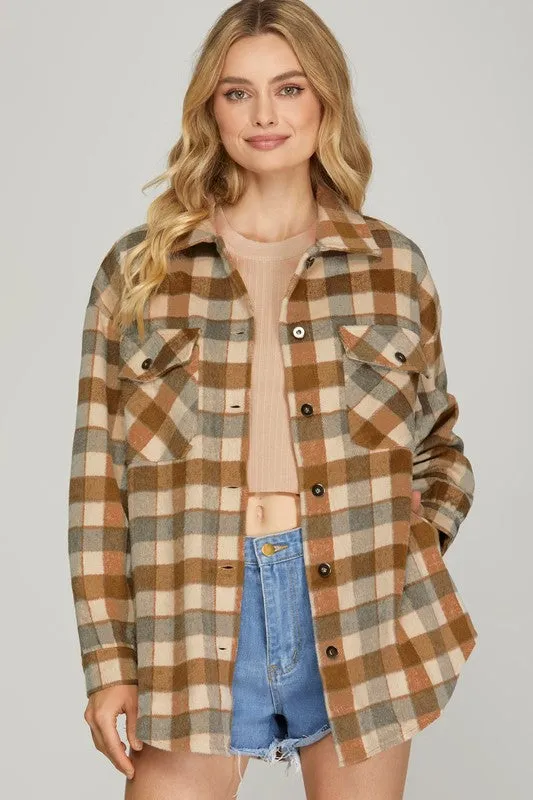 Meagan Plaid Collared Button Down Long Sleeve Shacket