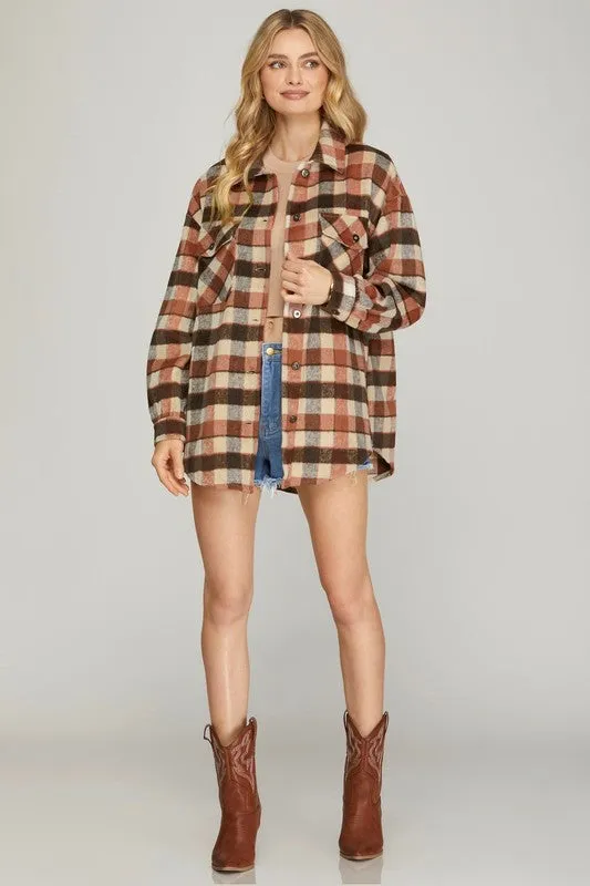 Meagan Plaid Collared Button Down Long Sleeve Shacket