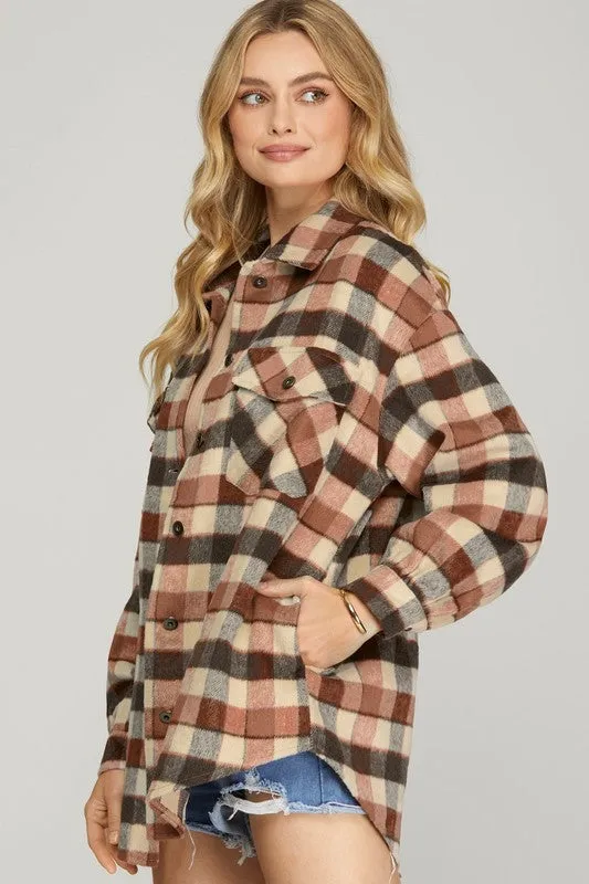 Meagan Plaid Collared Button Down Long Sleeve Shacket