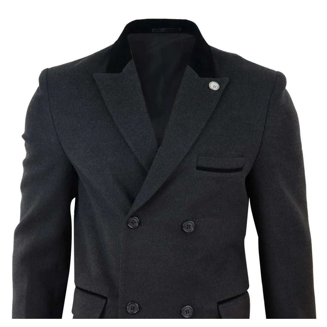 Mens 3/4 Long Double Breasted Overcoat Jacket Wool Coat Peaky Blinders