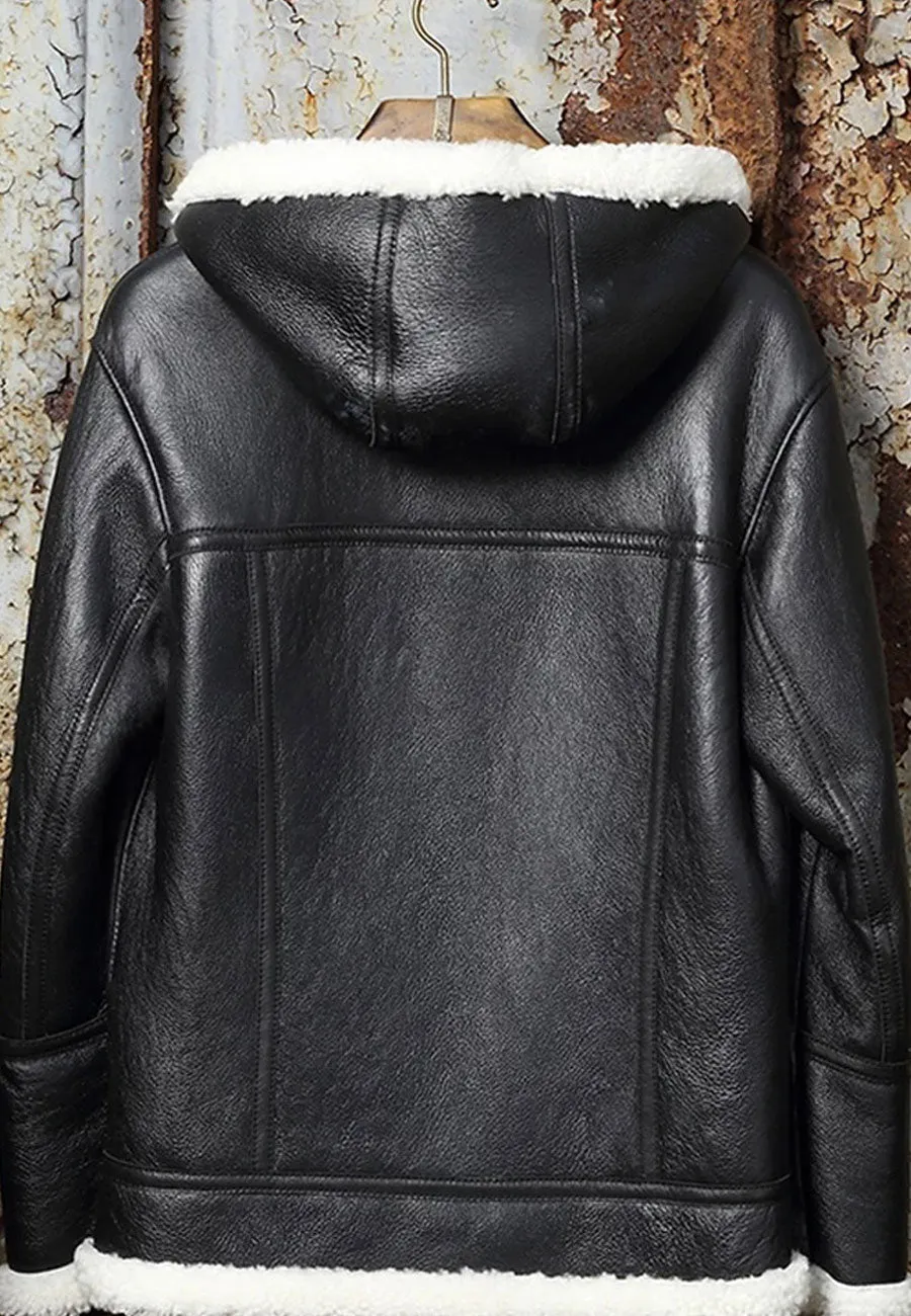 Men’s Black Leather White Shearling Hooded Jacket