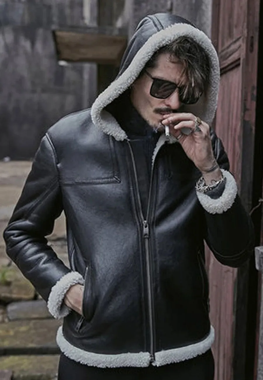 Men’s Black Leather White Shearling Hooded Jacket