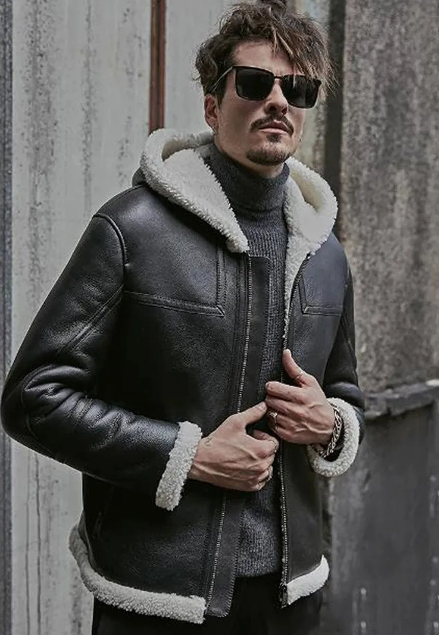 Men’s Black Leather White Shearling Hooded Jacket