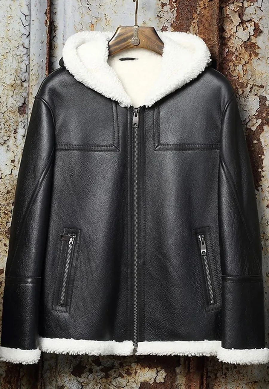 Men’s Black Leather White Shearling Hooded Jacket