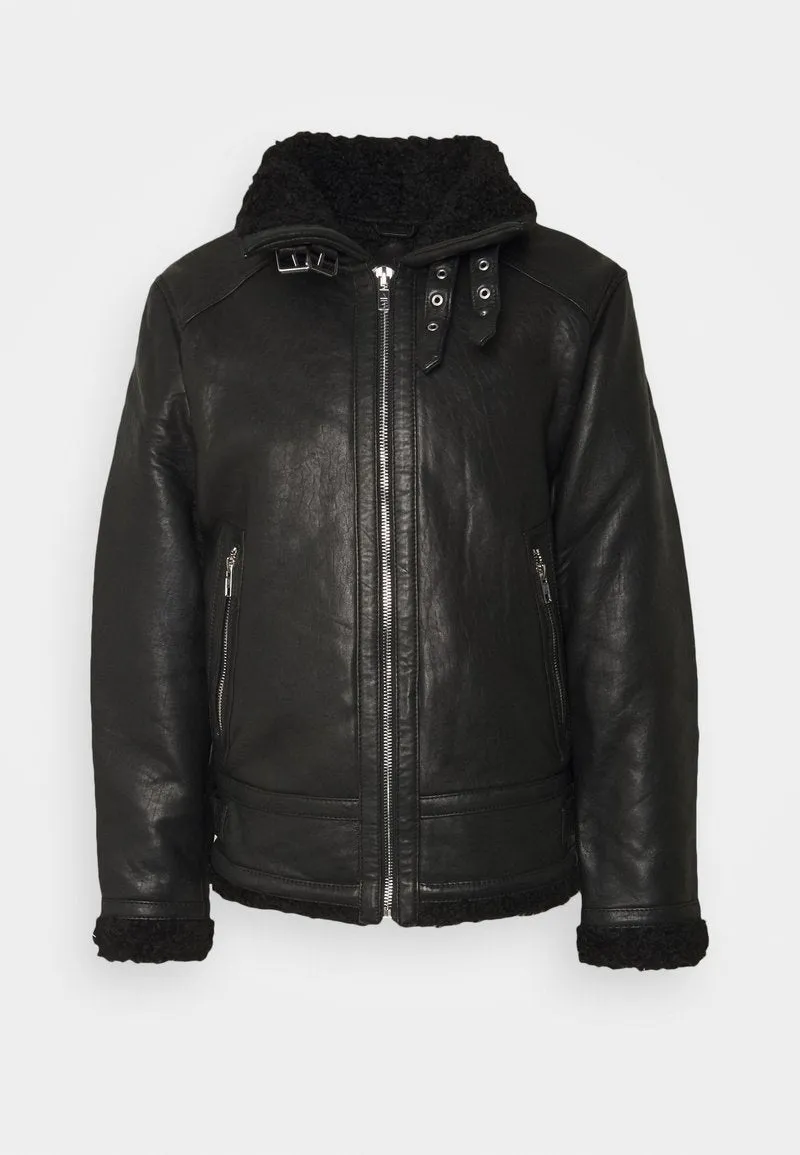 Men's Black Shearling Leather Jacket with Big Collar