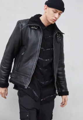 Men's Black Shearling Leather Jacket with Big Collar