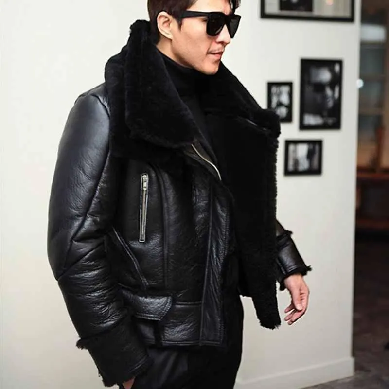 Men's Black Wool Lamb B3 Bomber Aviator Jacket