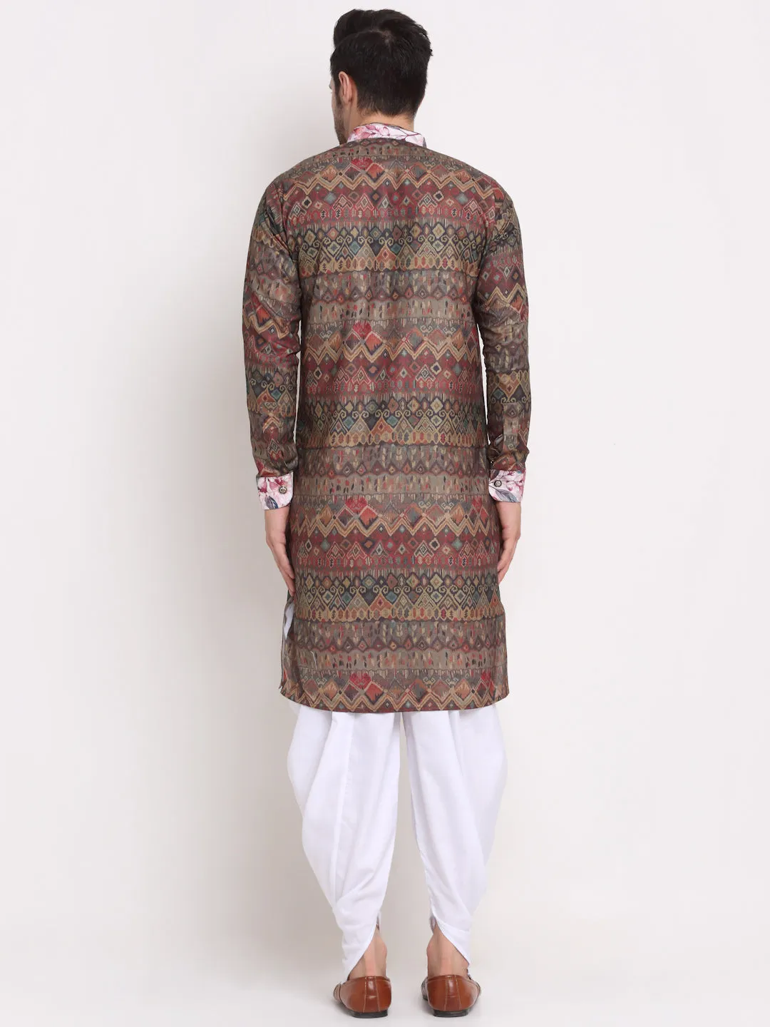 Men's Brown & Beige Printed Kurta With White Dhoti Pant - Benstoke