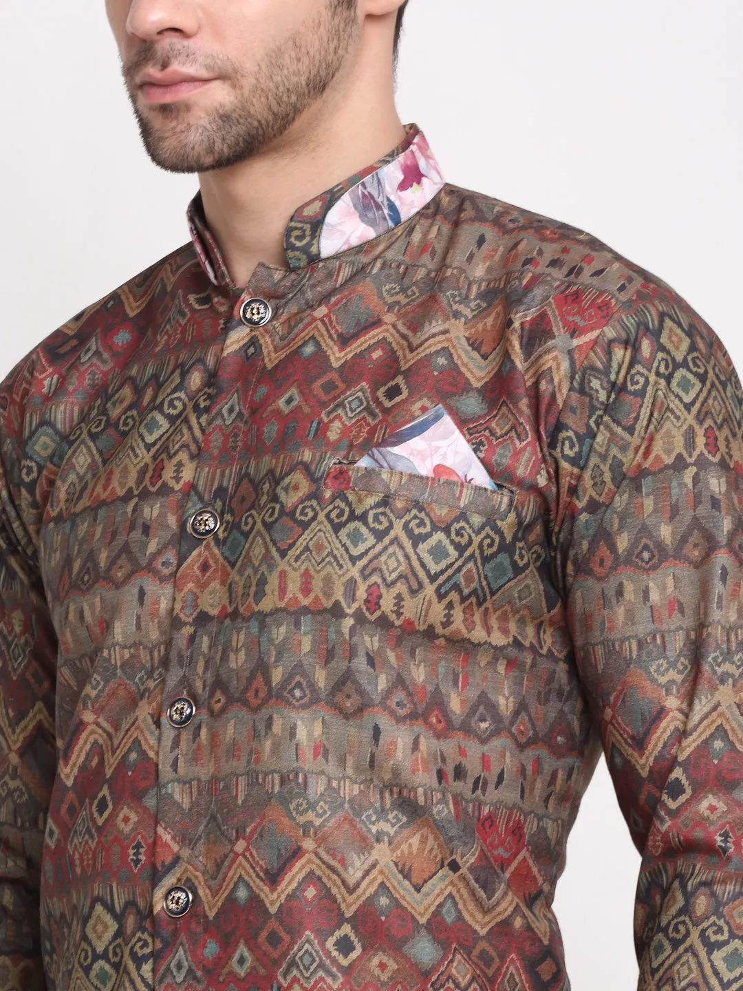 Men's Brown & Beige Printed Kurta With White Dhoti Pant - Benstoke