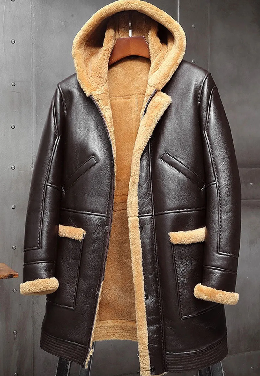 Men’s Dark Brown Leather Shearling Hooded Long Coat