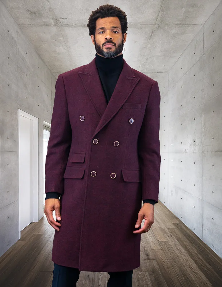 MEN'S DOUBLE BREASTED OVER COAT 100% WOOL | BURGUNDY | WJ-101