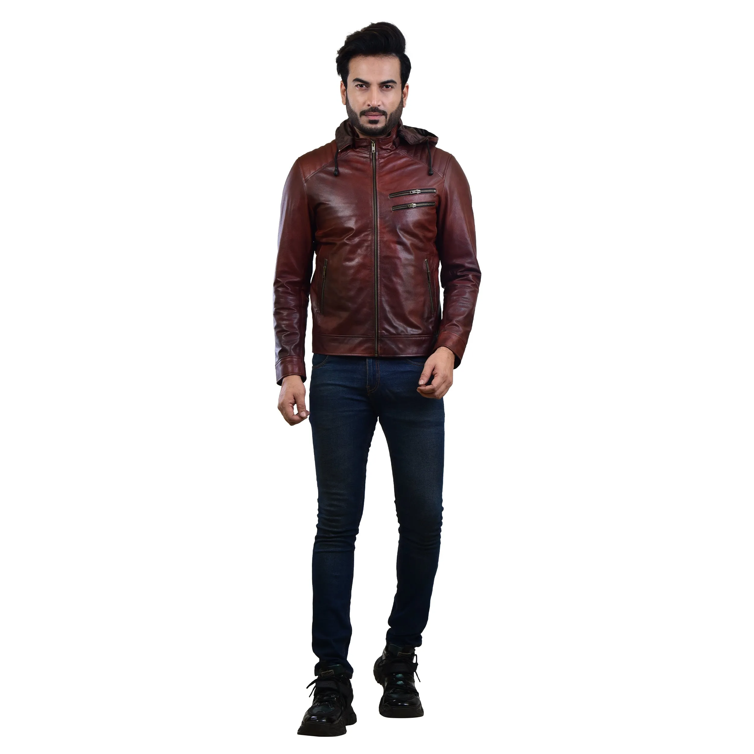 MENS LEATHER HOODED JACKET 410145(2 TONE)