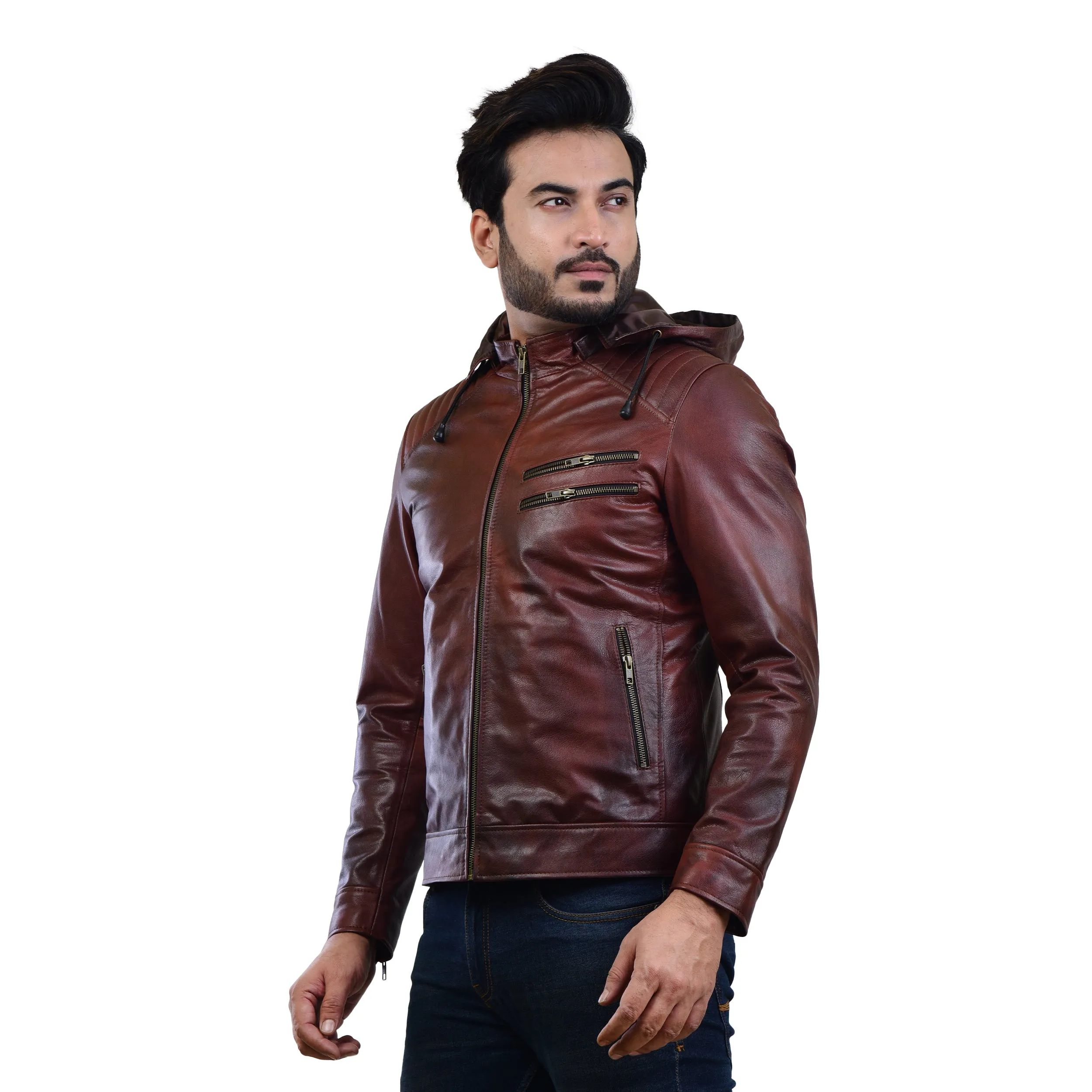 MENS LEATHER HOODED JACKET 410145(2 TONE)