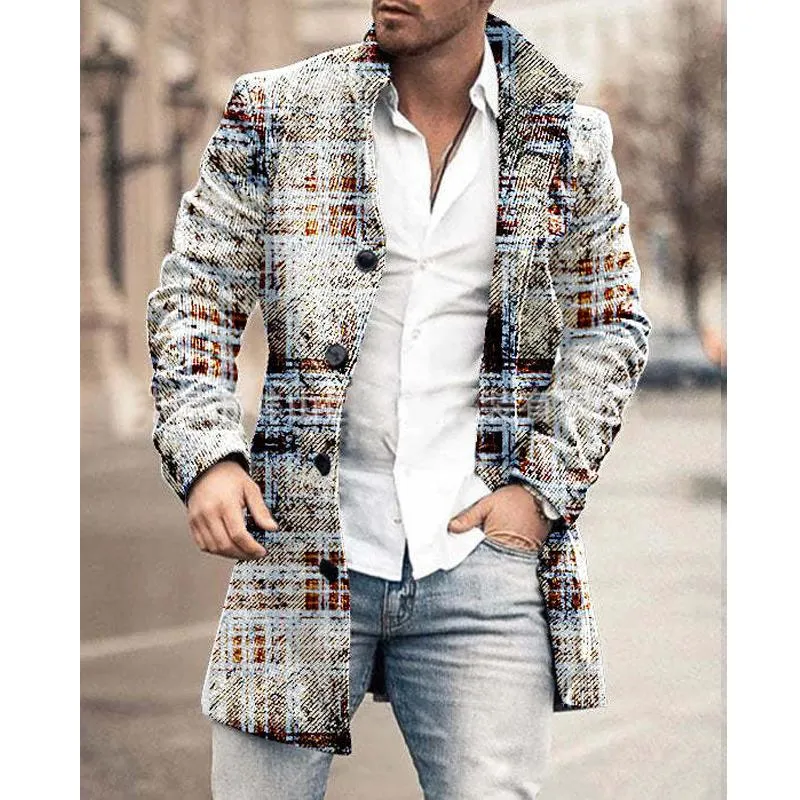 Men's Mid-length Plaid Print Coat Casual Windbreaker 57271931L