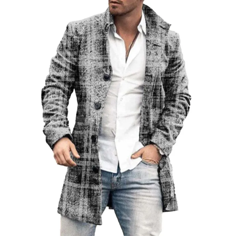 Men's Mid-length Plaid Print Coat Casual Windbreaker 57271931L