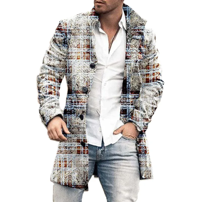 Men's Mid-length Plaid Print Coat Casual Windbreaker 57271931L