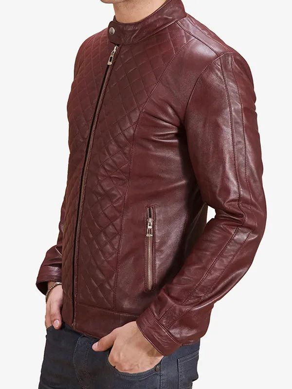 Men's Quilted Maroon Leather Biker Jacket