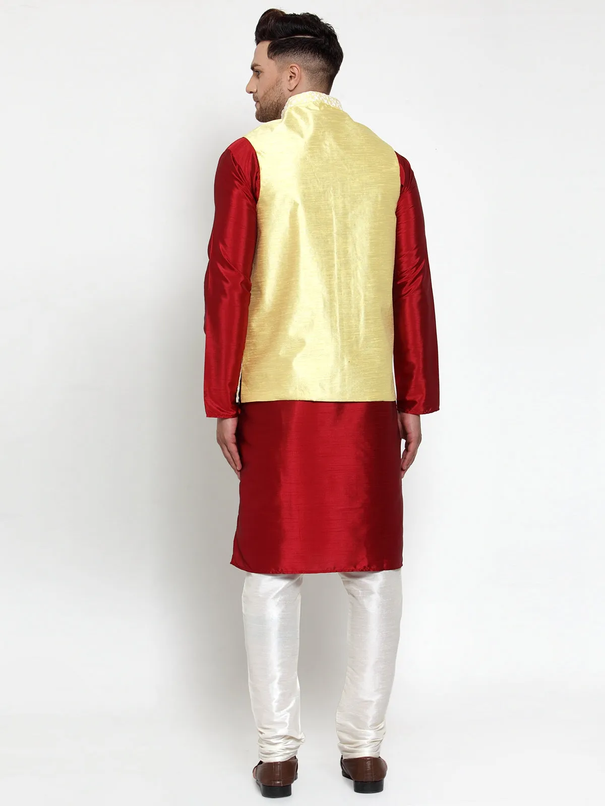 Men's Solid Dupion Kurta Pajama with Embroidered Nehru Jacket ( JOKPWC M-D 4012Yellow ) - Virat Fashions