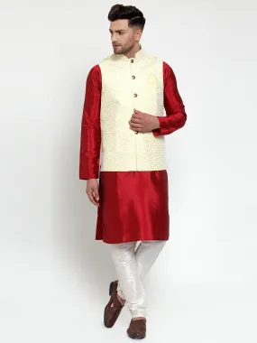 Men's Solid Dupion Kurta Pajama with Embroidered Nehru Jacket ( JOKPWC M-D 4012Yellow ) - Virat Fashions