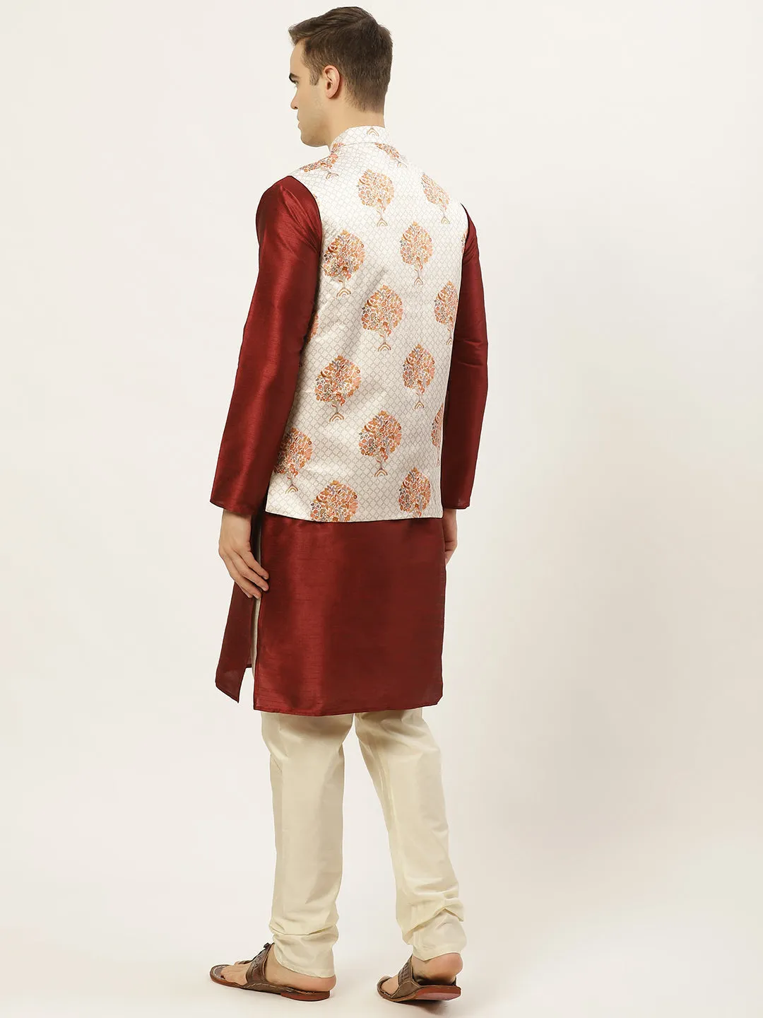 Men's Solid Dupion Kurta Pajama with Printed Nehru Jacket ( JOKPWC M-D 4014White ) - Virat Fashions