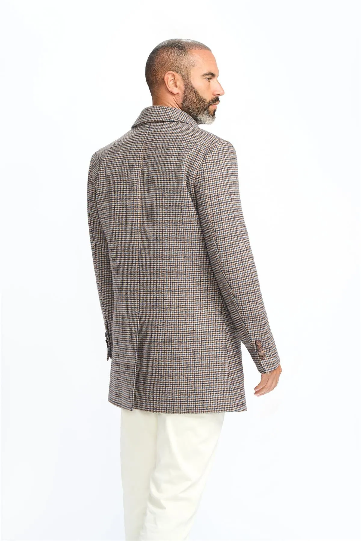 Men's Tan Brown Wool Blend Overcoat Jacket Dogtooth Tweed Coat