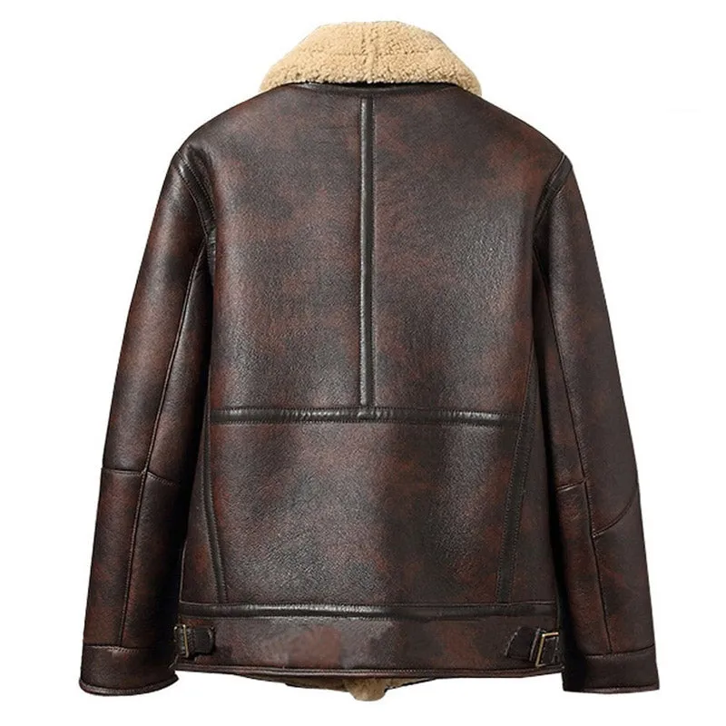 Mens Winter Warm Distressed Sheepskin Shearling B-3 Bomber Jacket