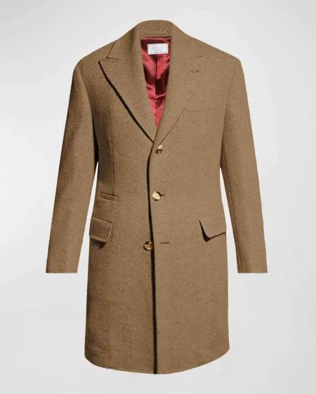 Mens Wool Carcoat - Beige Three Quarter Peak Lapel Topcoat