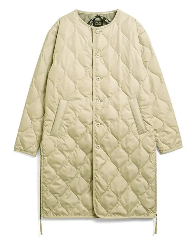 Military Crew neck Long Down Jacket Cream