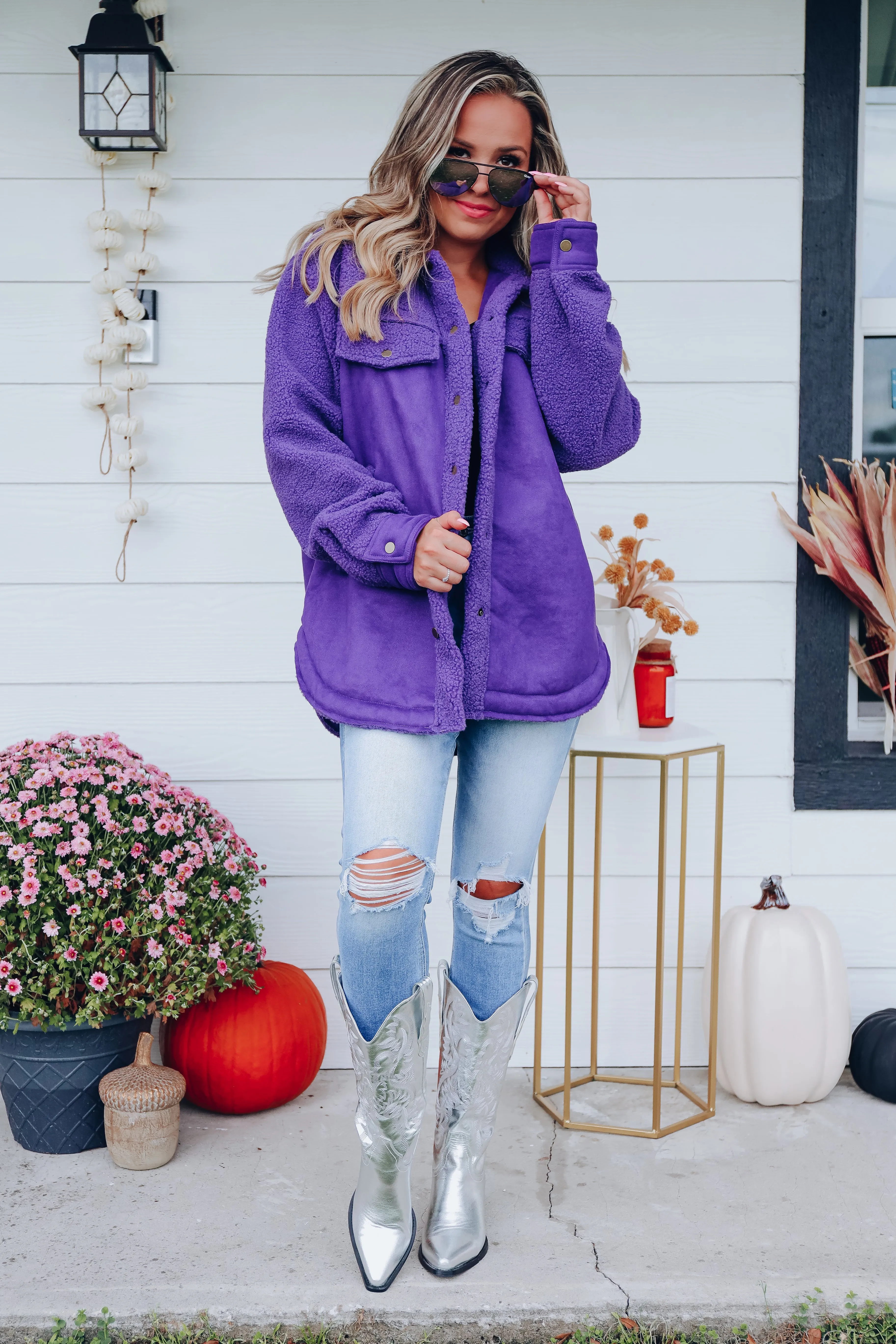 Minnesota Mix Sherpa and Faux Suede Shacket - Purple