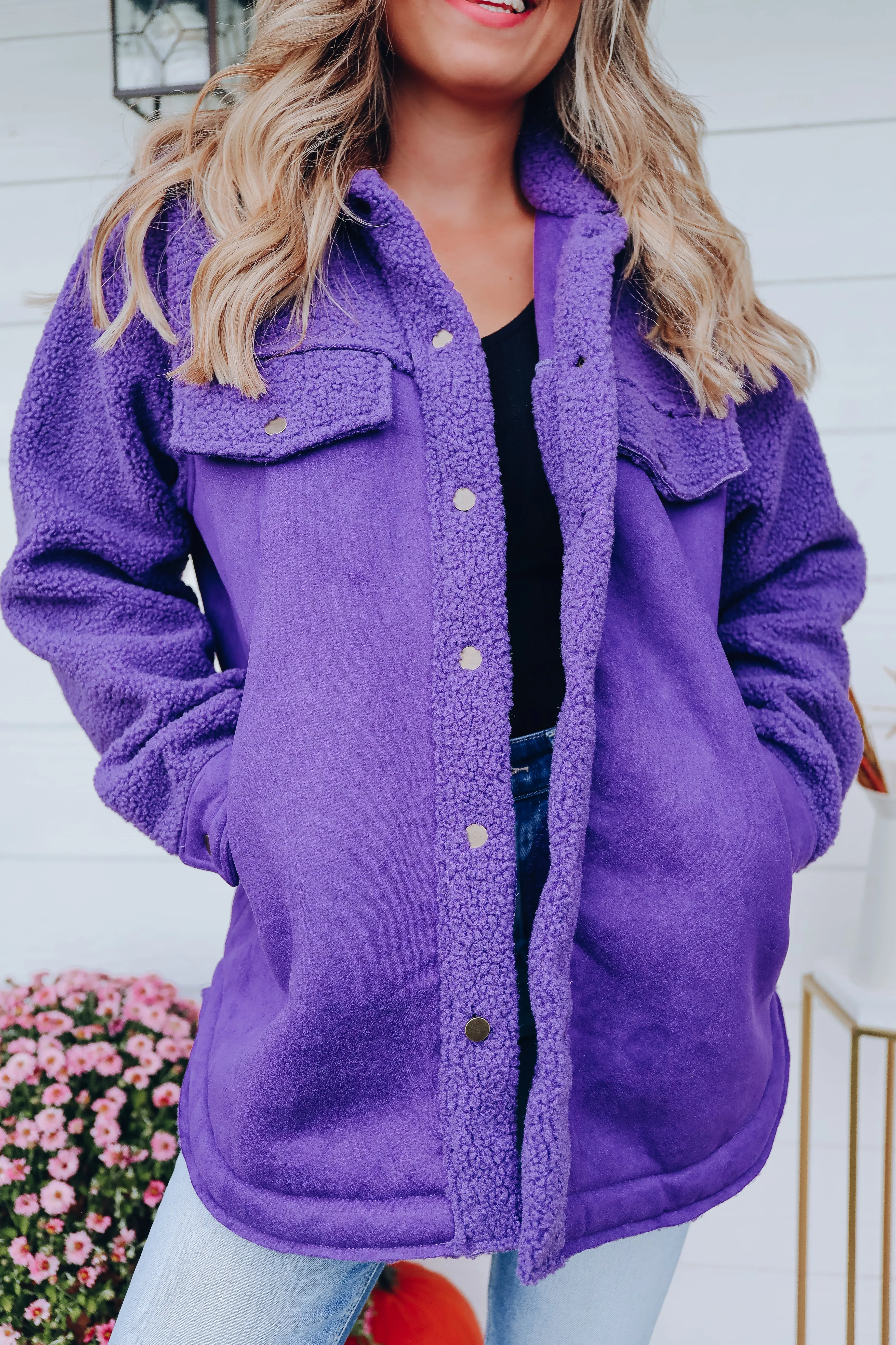 Minnesota Mix Sherpa and Faux Suede Shacket - Purple