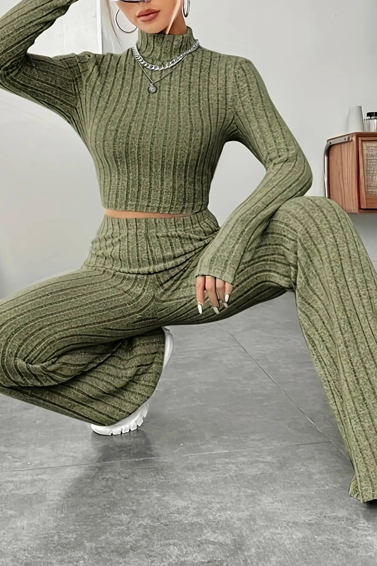 Mock Neck Ribbed Knit Crop Top Wide Leg Long Pants Set