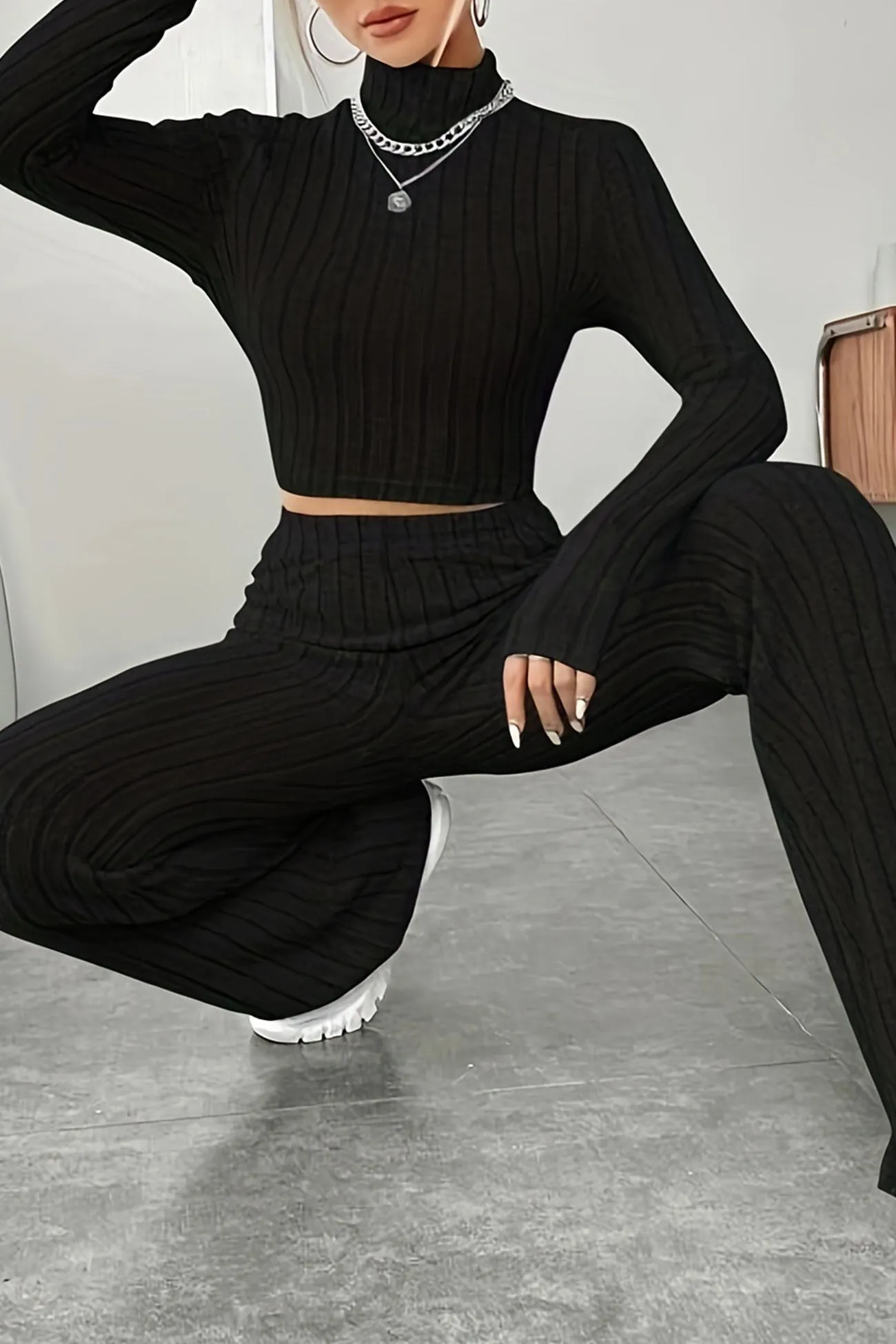 Mock Neck Ribbed Knit Crop Top Wide Leg Long Pants Set