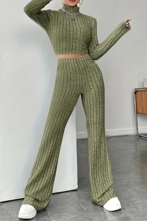 Mock Neck Ribbed Knit Crop Top Wide Leg Long Pants Set