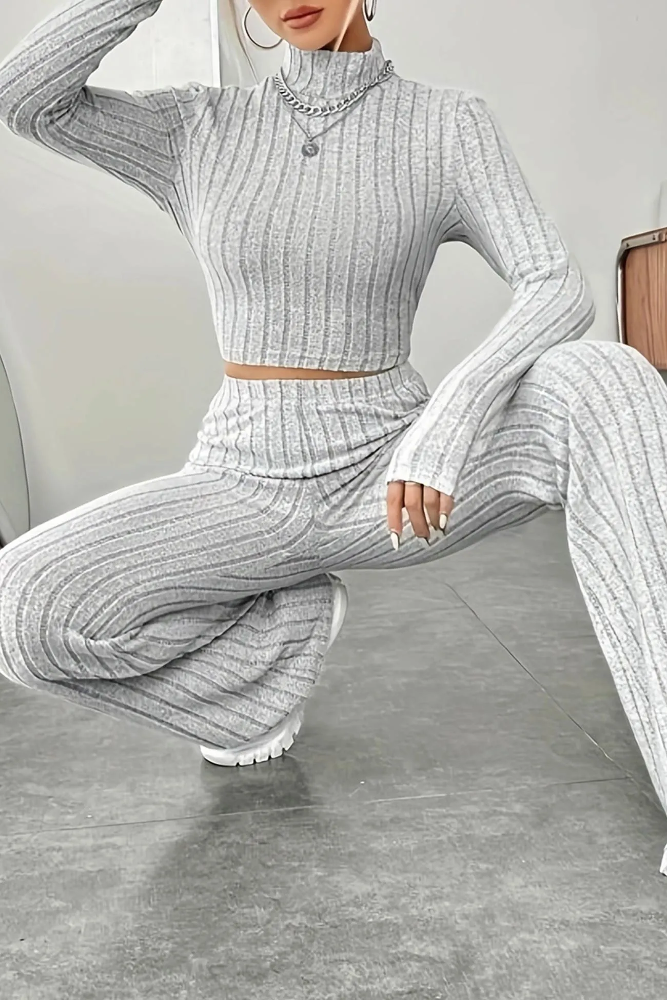 Mock Neck Ribbed Knit Crop Top Wide Leg Long Pants Set