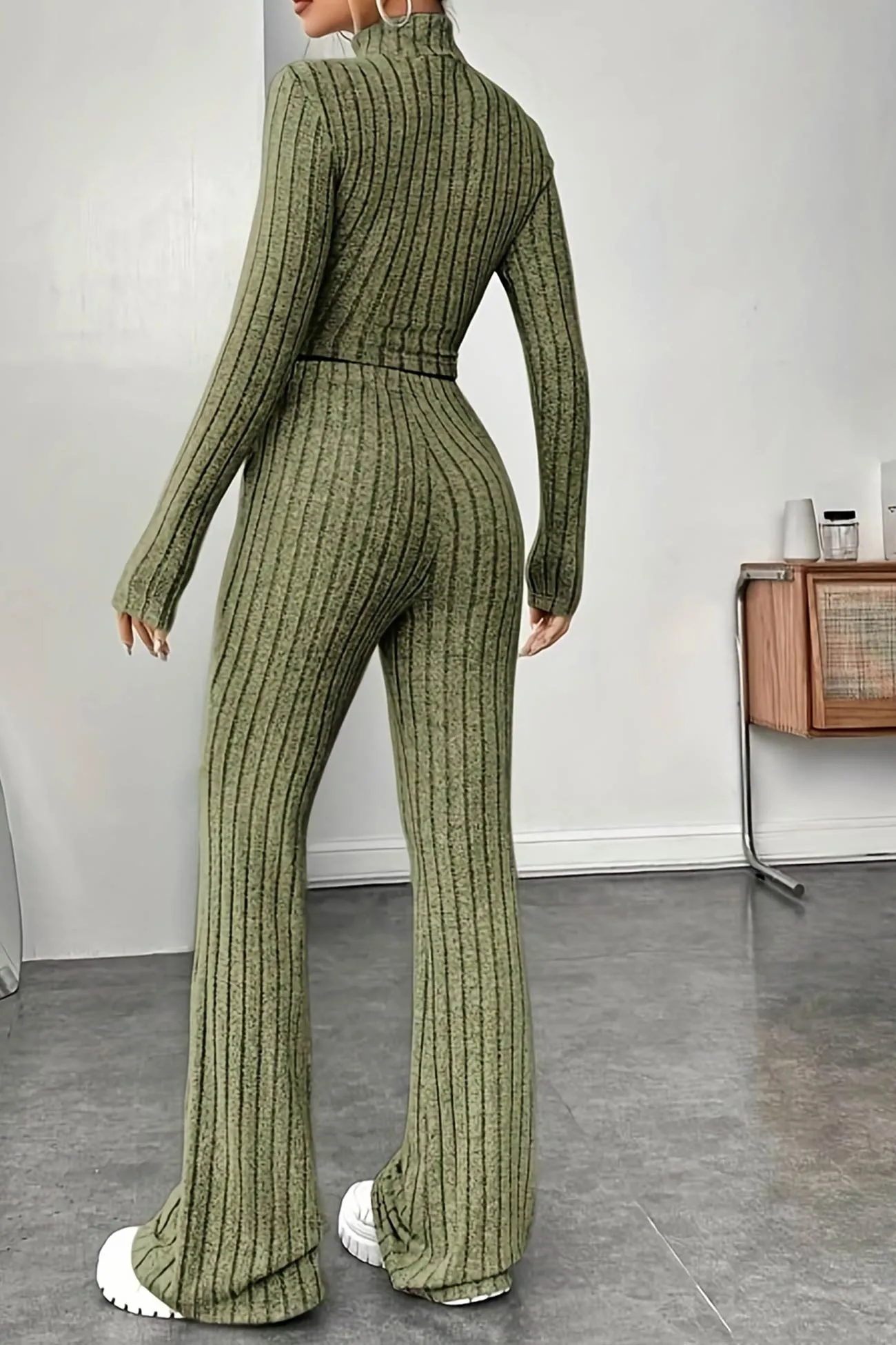 Mock Neck Ribbed Knit Crop Top Wide Leg Long Pants Set