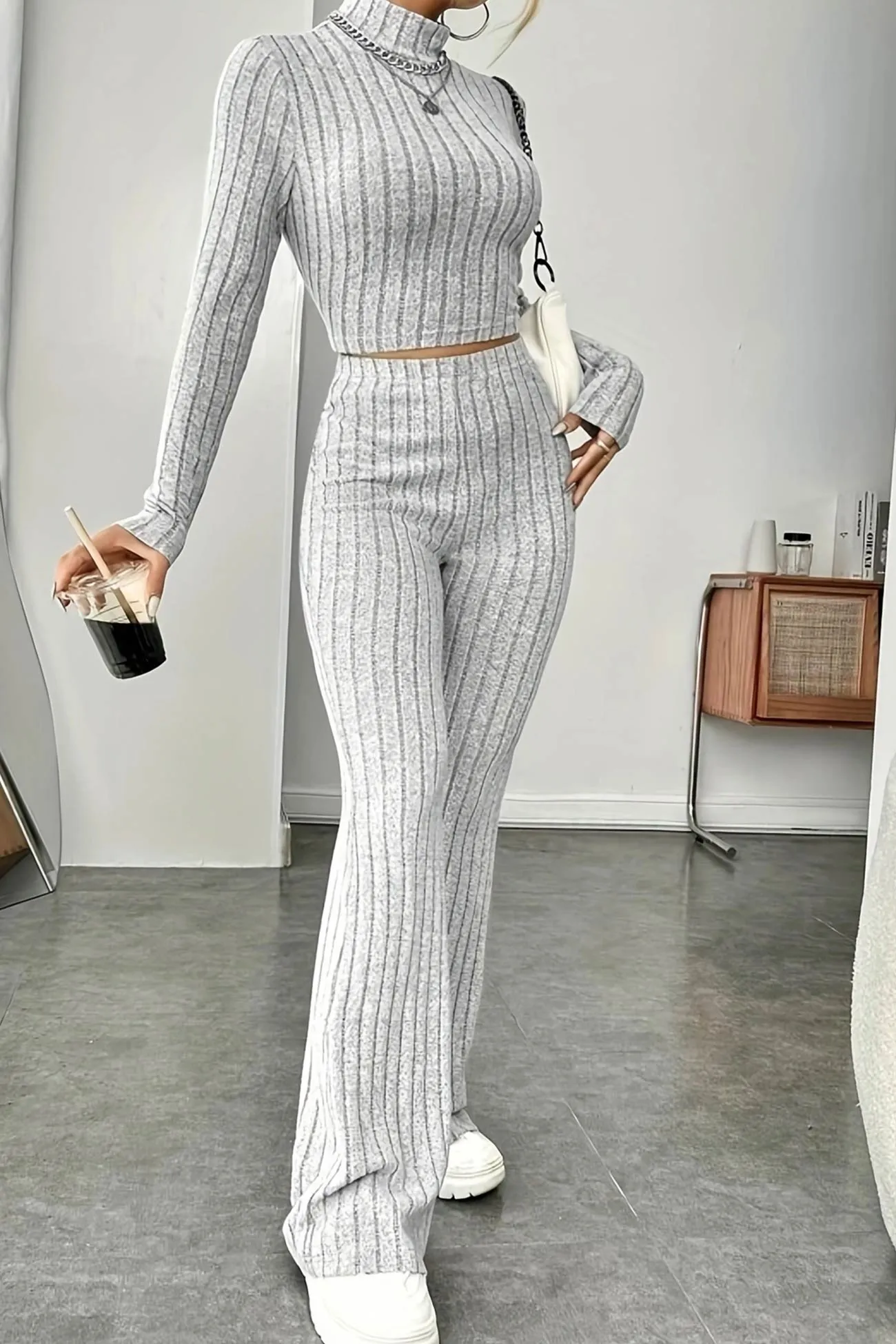 Mock Neck Ribbed Knit Crop Top Wide Leg Long Pants Set