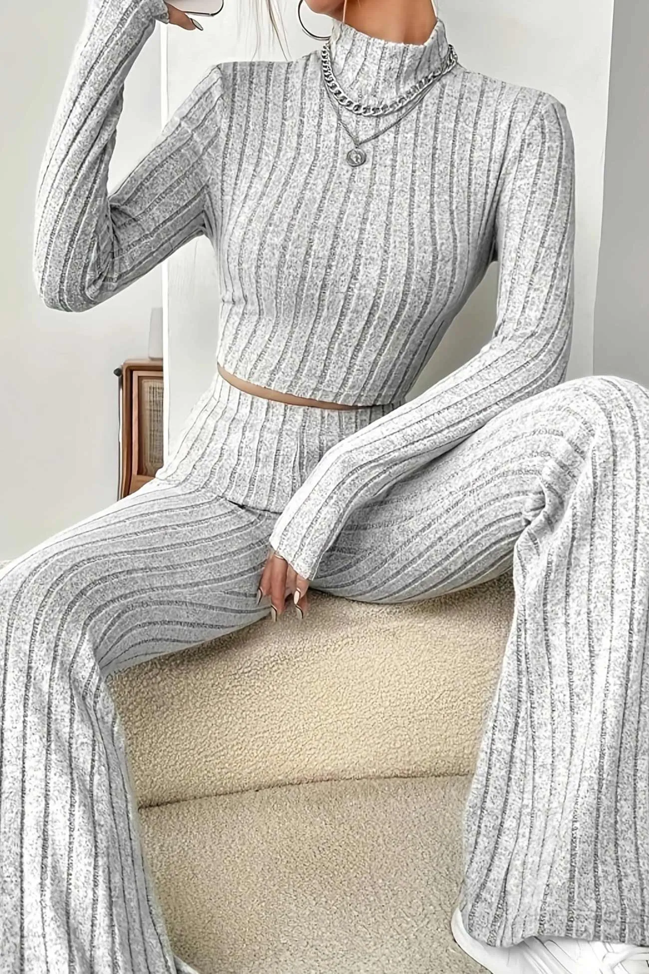 Mock Neck Ribbed Knit Crop Top Wide Leg Long Pants Set