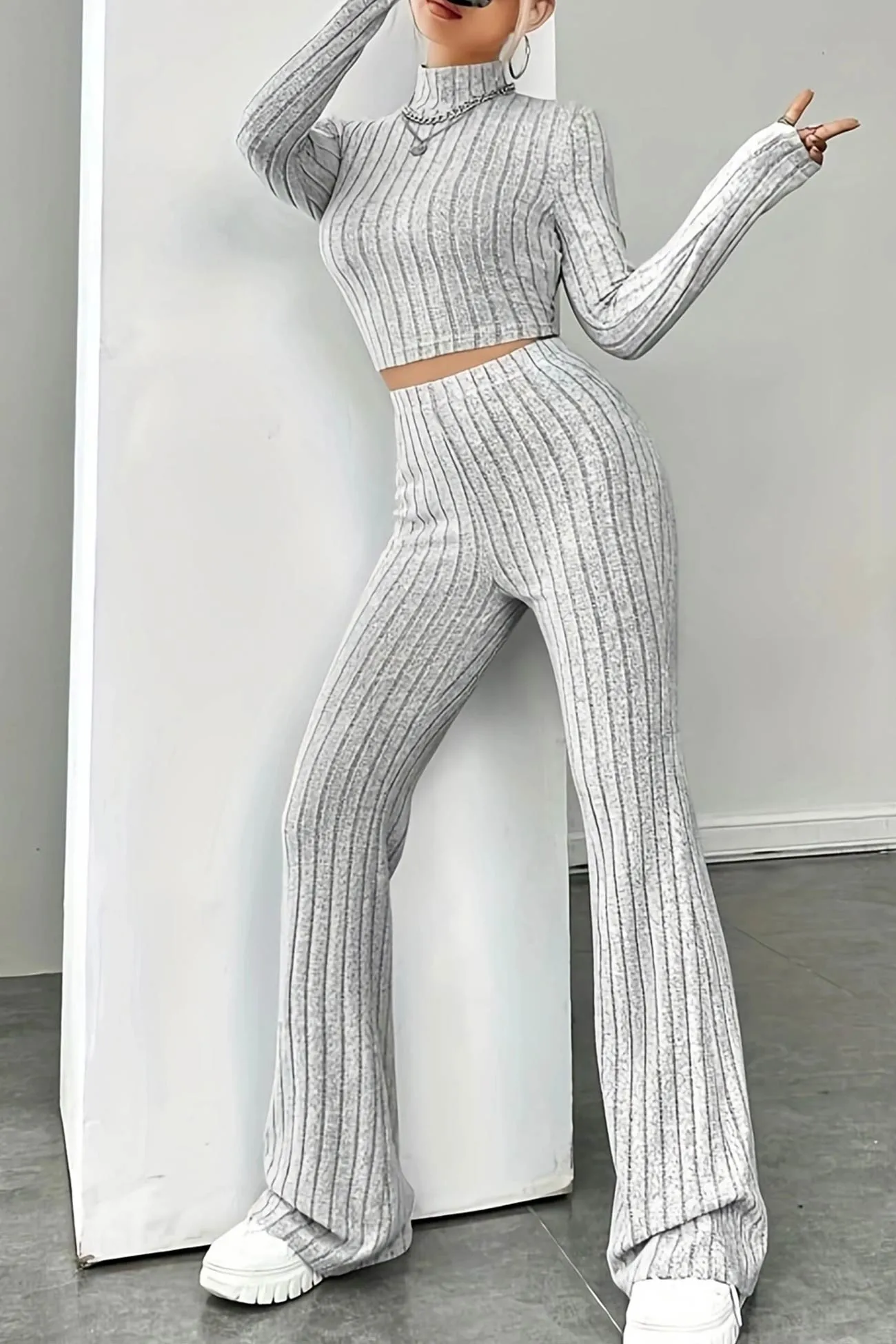 Mock Neck Ribbed Knit Crop Top Wide Leg Long Pants Set