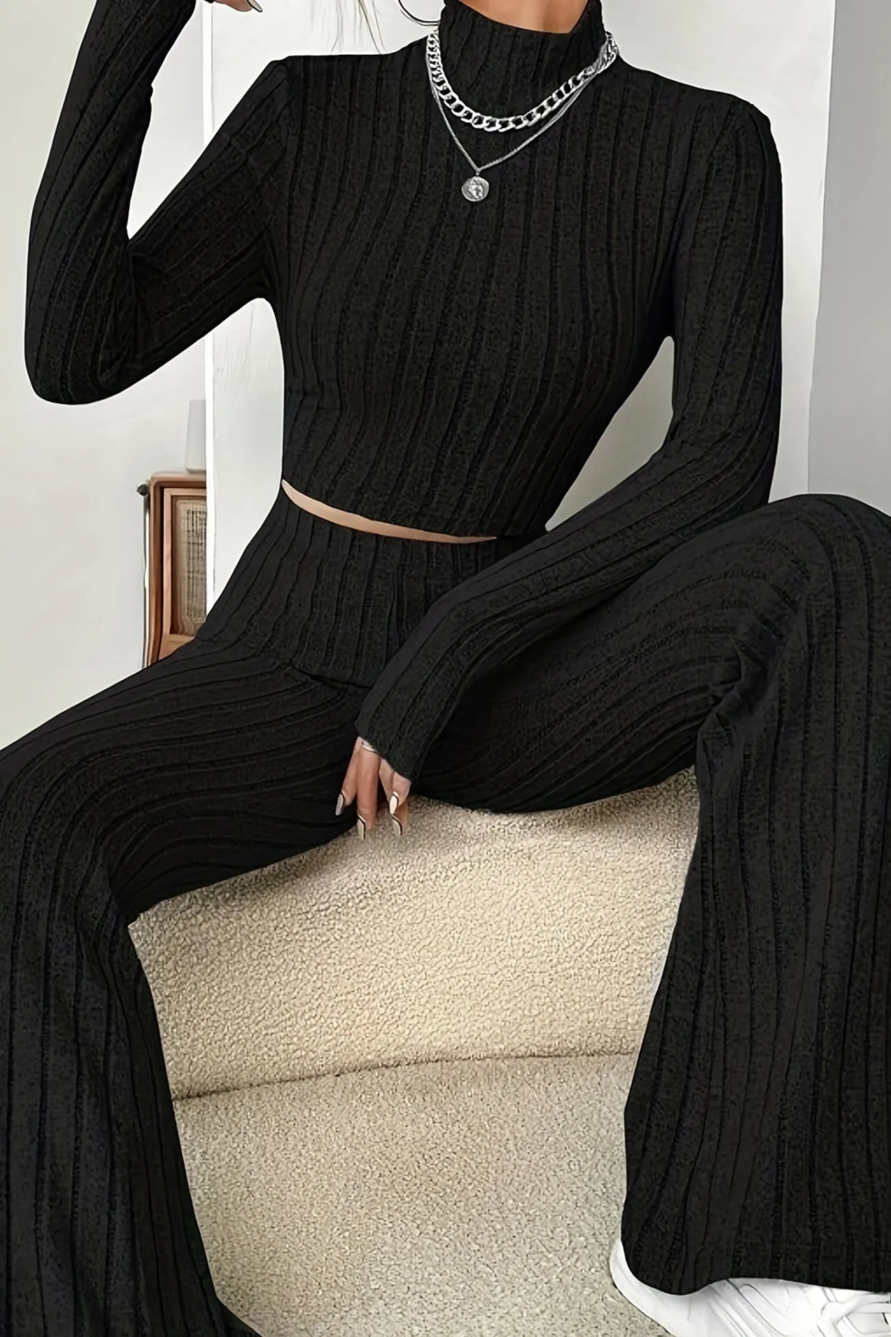 Mock Neck Ribbed Knit Crop Top Wide Leg Long Pants Set