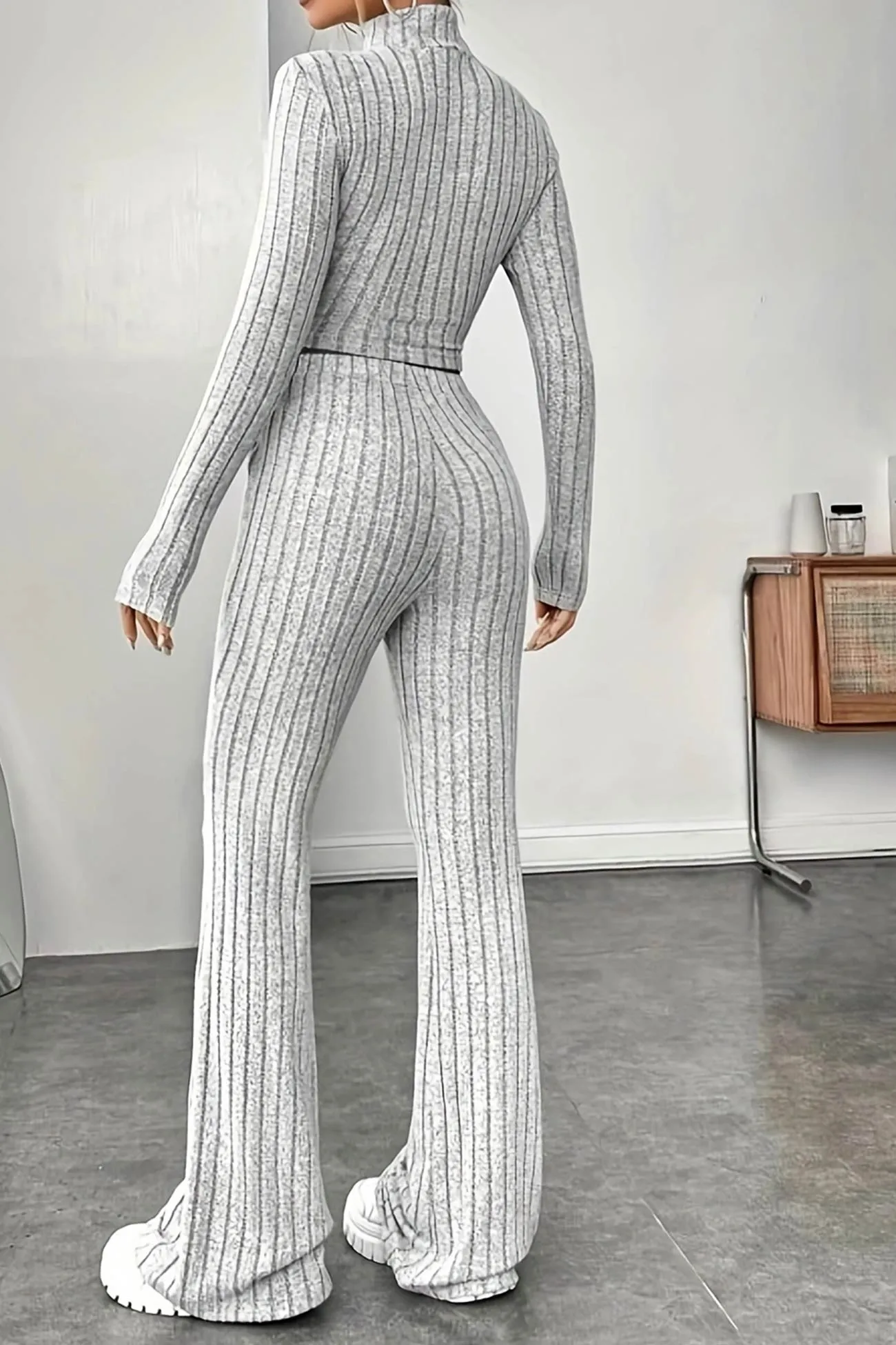 Mock Neck Ribbed Knit Crop Top Wide Leg Long Pants Set