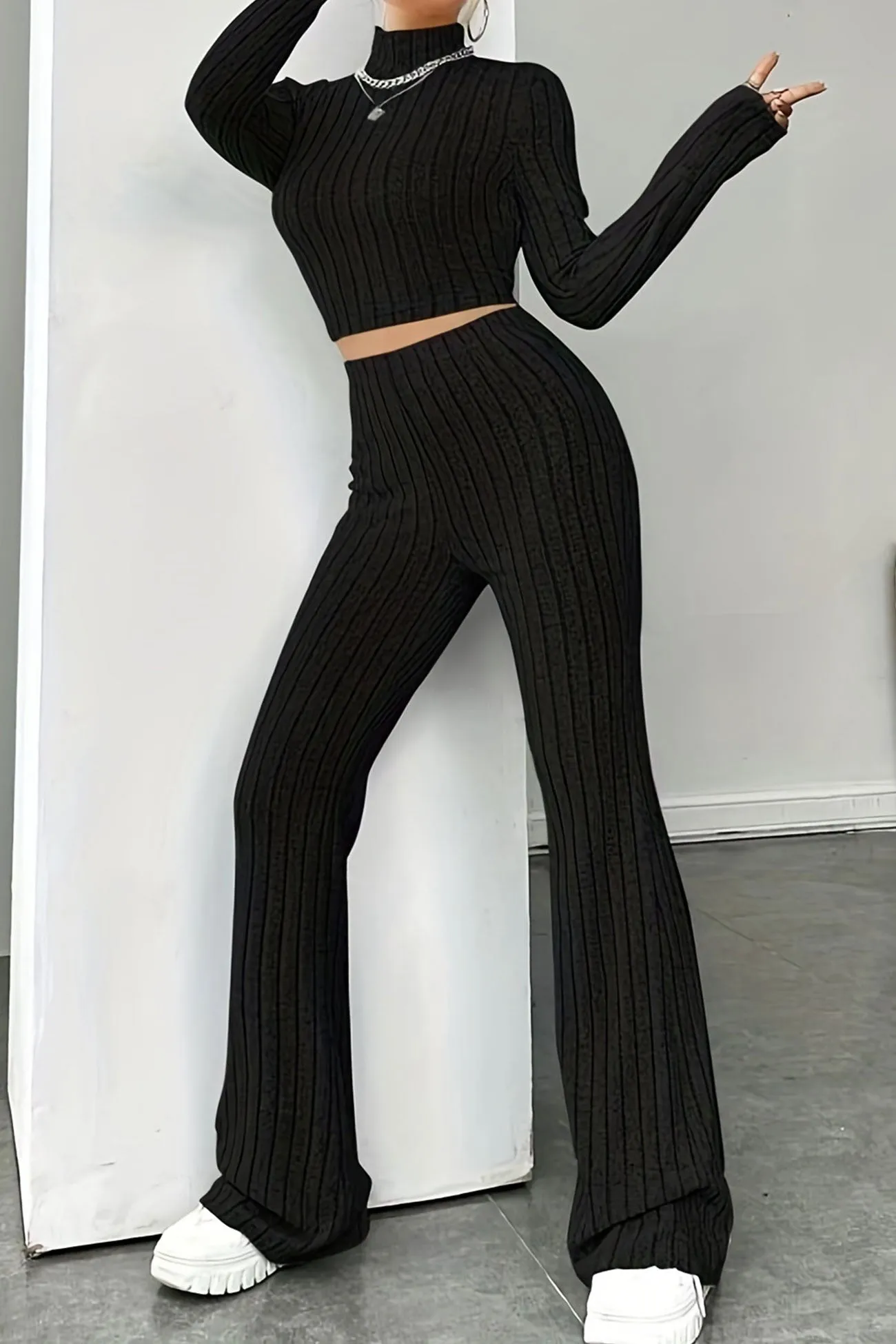 Mock Neck Ribbed Knit Crop Top Wide Leg Long Pants Set