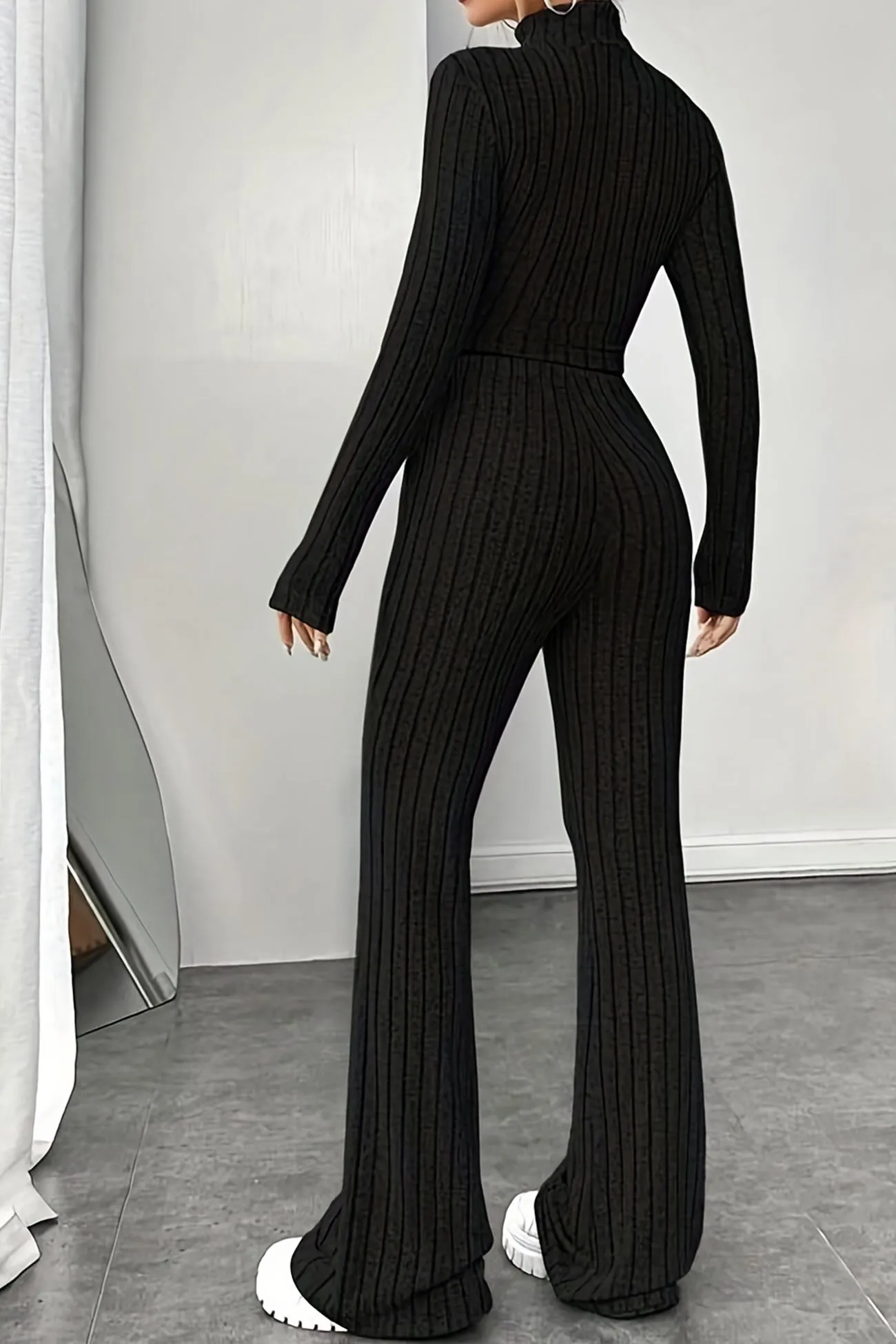 Mock Neck Ribbed Knit Crop Top Wide Leg Long Pants Set